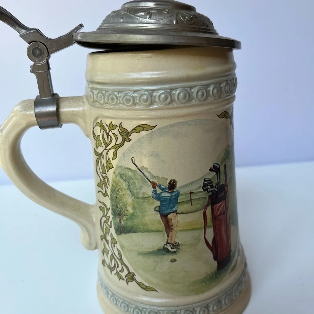 Vintage Ceramic German Beer Stein with Golf Scene and Pewter lid